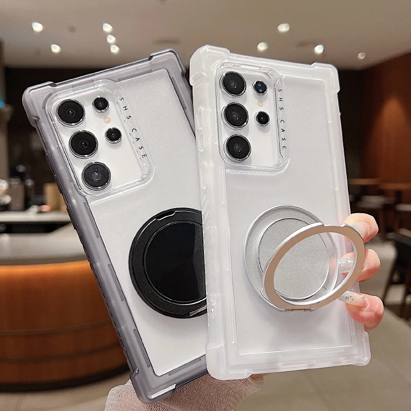 SHS Magsafe Magnetic 360° Rotat Metal Car Bracket Ring 3-in-1Four Corner Anti Drop Phone Case For Samsung S25Ultra S24Ultra Plus