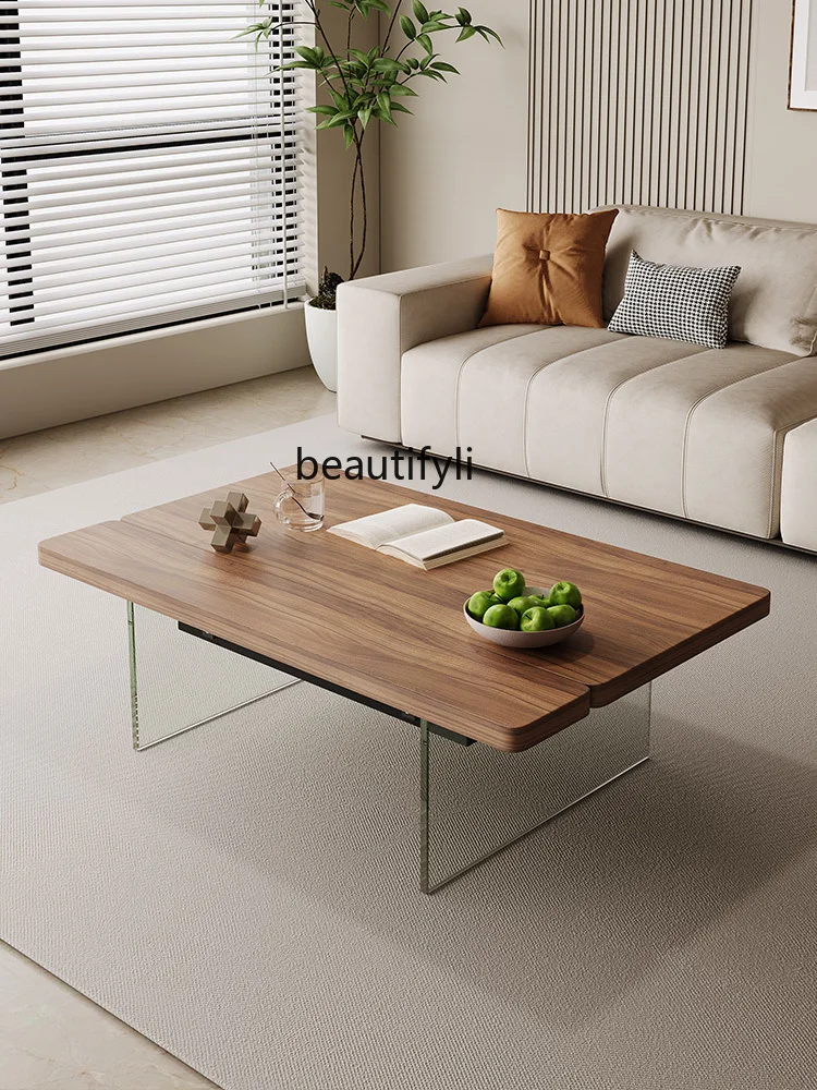 

Light luxury lifting living room walnut grain solid wood glass designer coffee table dual-purpose