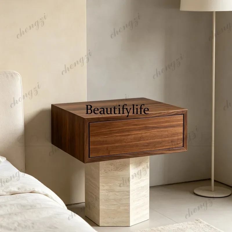 03 Medieval style natural travertine bedside table, household bedroom, black walnut color cabinet, bedside small side table