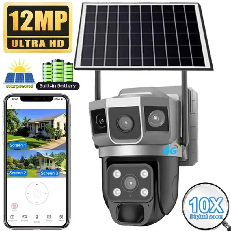 

12MP Outdoor PTZ Dual Lens Three Screens 6K4G SIM WIFI Solar Panel Camera Home Security CCTV Video Surveillance Built-in Battery