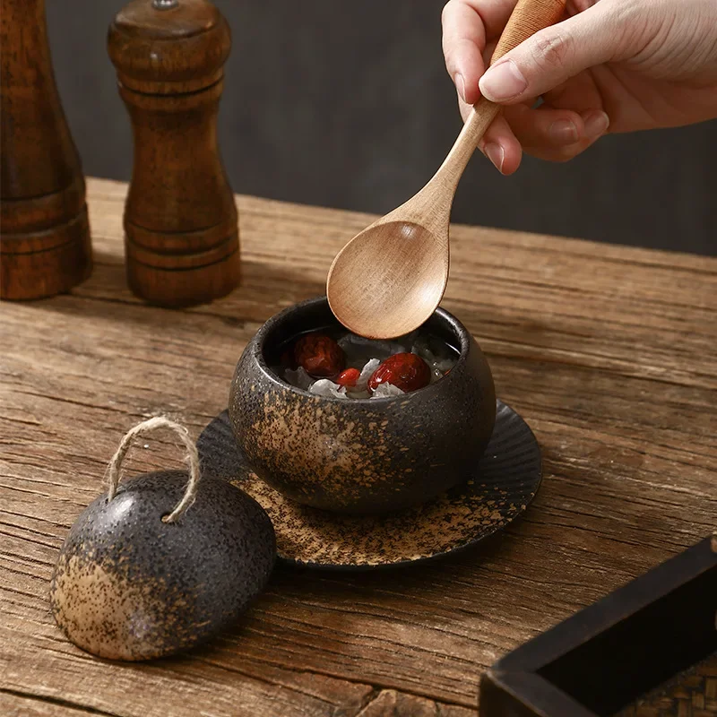 LingAo--Japanese-style ceramic pot for simmering bird's nest with a lid and a dish, dessert pudding bowl