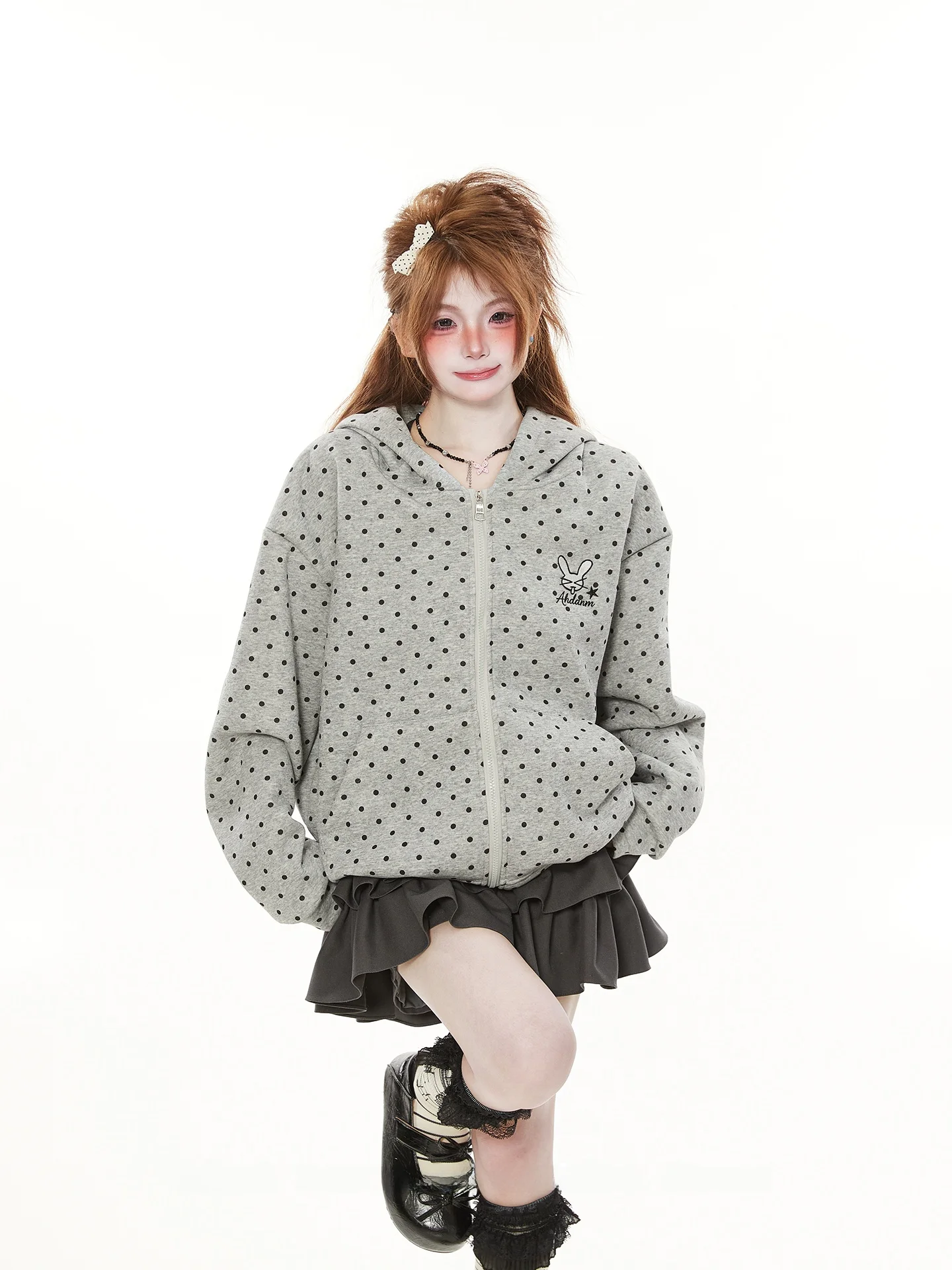 Unique Design Rabbit Ear Jacket Women's Spring Autumn Polka Dot Sweatshirt Cardigan Cute Fashionable Commute Style Composite ...