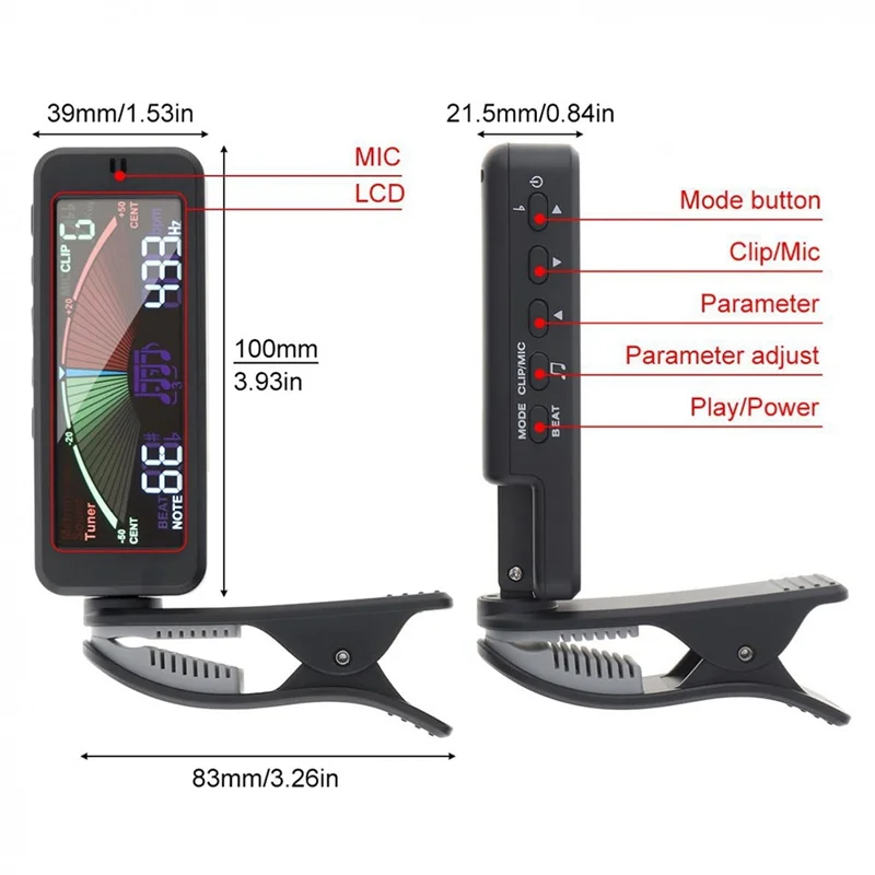 Grande LCD Screen Guitar Metronome Generator com Clip, Sintonizador para Guitarra Cromática, Baixo, Ukulele, Violino, 3 em 1