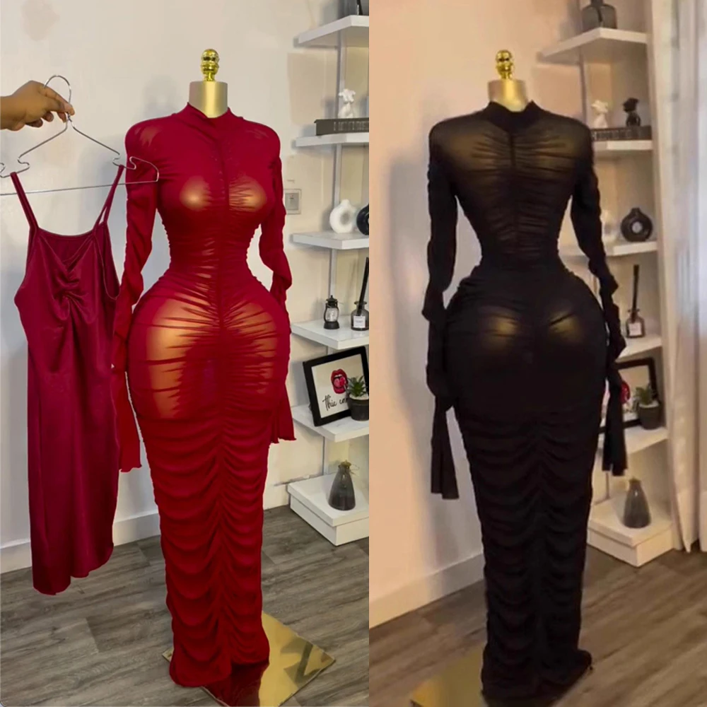 Sexy 2 Piece Dress Set Women Flare Long Sleeve Mesh See Through Stacked Ruched Maxi Dresses with Tank Dress for Birthday Party