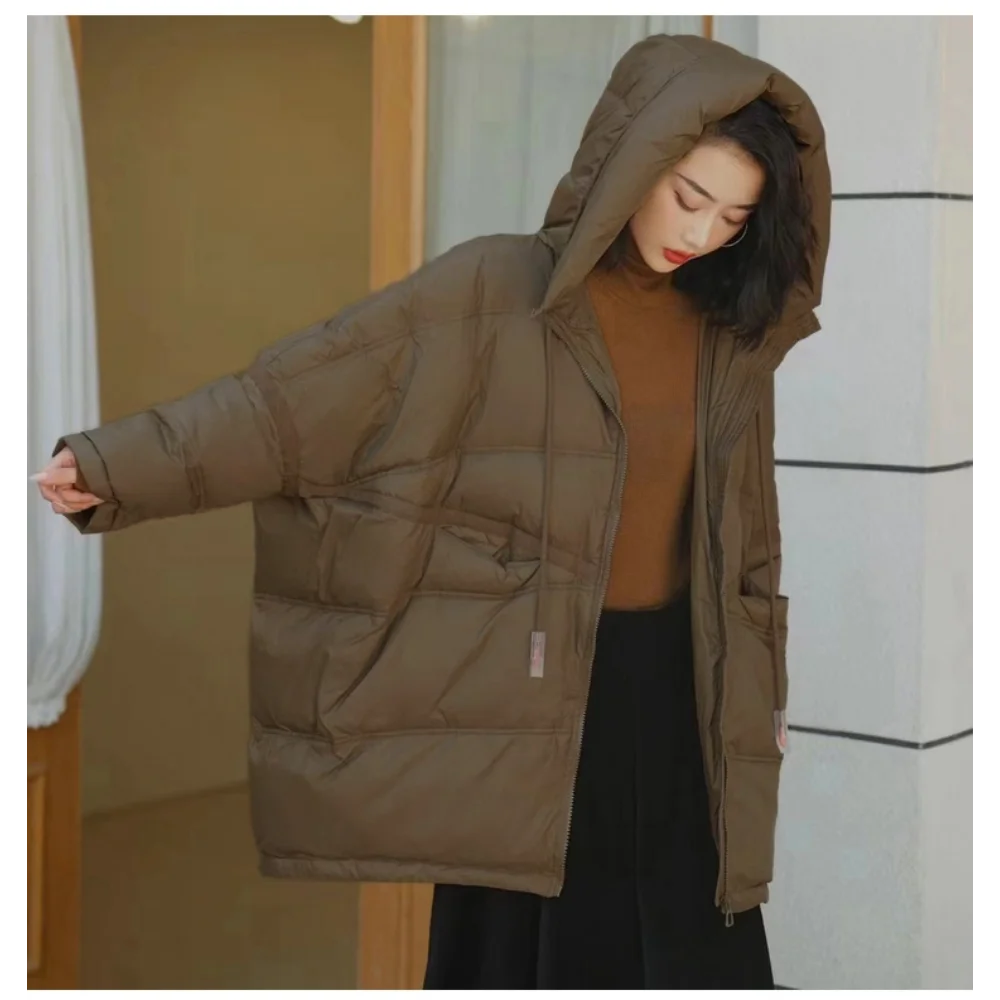 Women's Winter Mid-length Hooded Down Jacket, Korean Version, Loose, Thickened, Large Size, White Duck Down, Bread Clothing