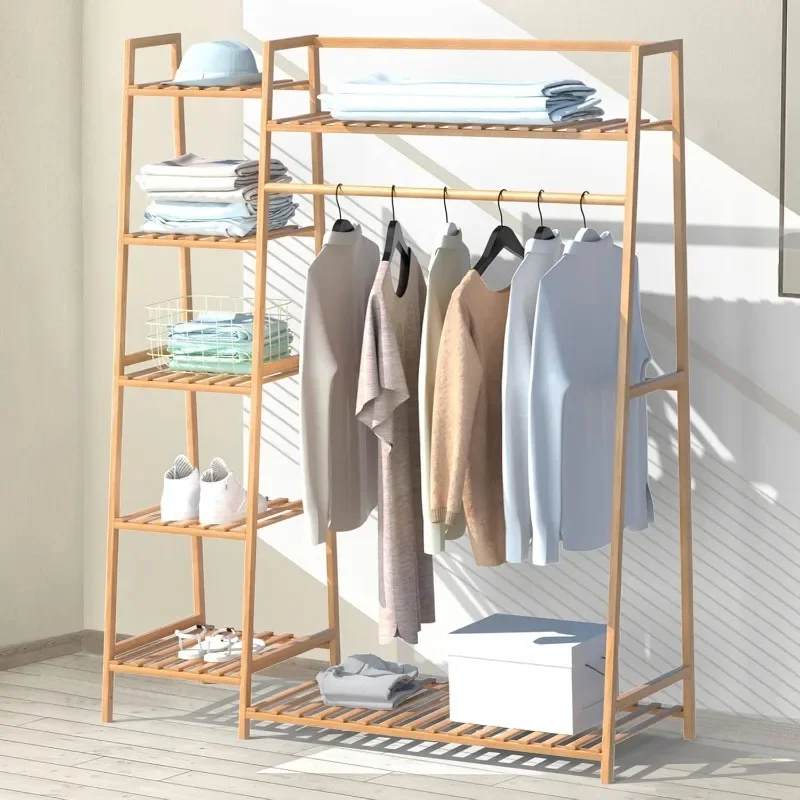 

RELIANCER Bamboo Clothing Garment Rack,Free Standing Clothes Coat Hanger,Closet Organizer w/Shoe Rack,Multi-tiered Wardrobe