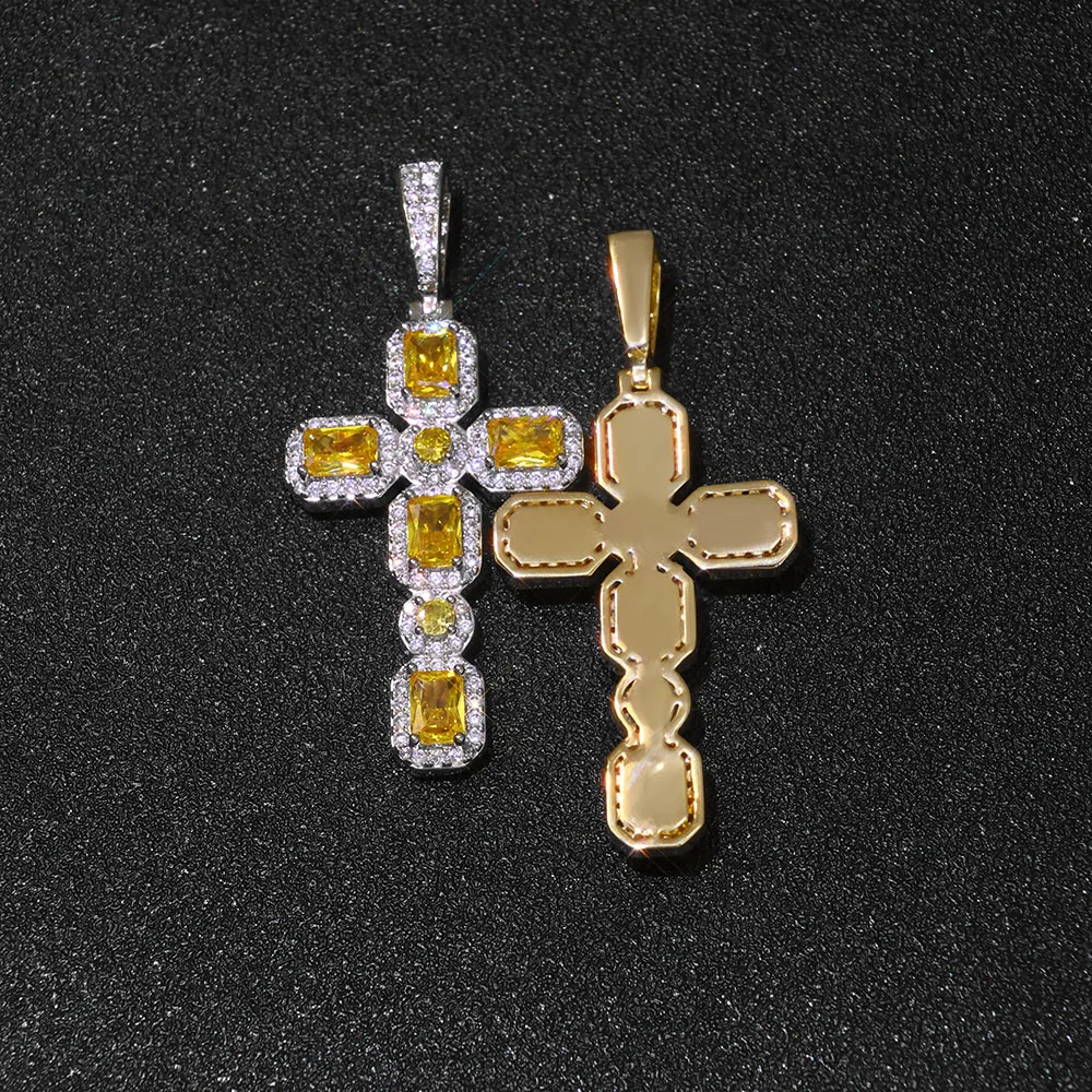 

HHIOK Customized Iced Cross Rectangular Yellow Gemstone 5A Cubic Zirconia Shiny Hip Hop Style Men's and Women's Necklace