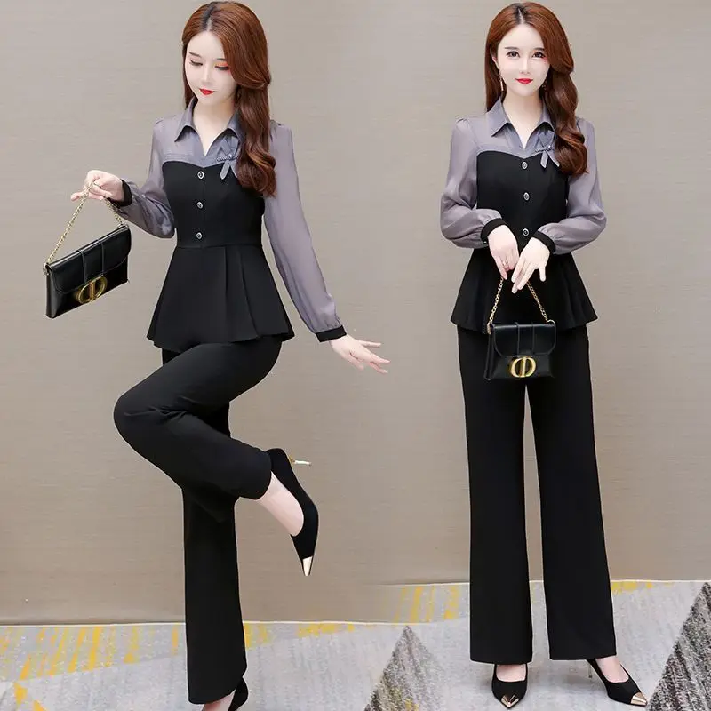 Spring Fashion Elegant Women Pants Sets 2024 New Turn Collar Patchwork Chiffon Slim Office Lady 2 Pieces Outfits Pantsuits