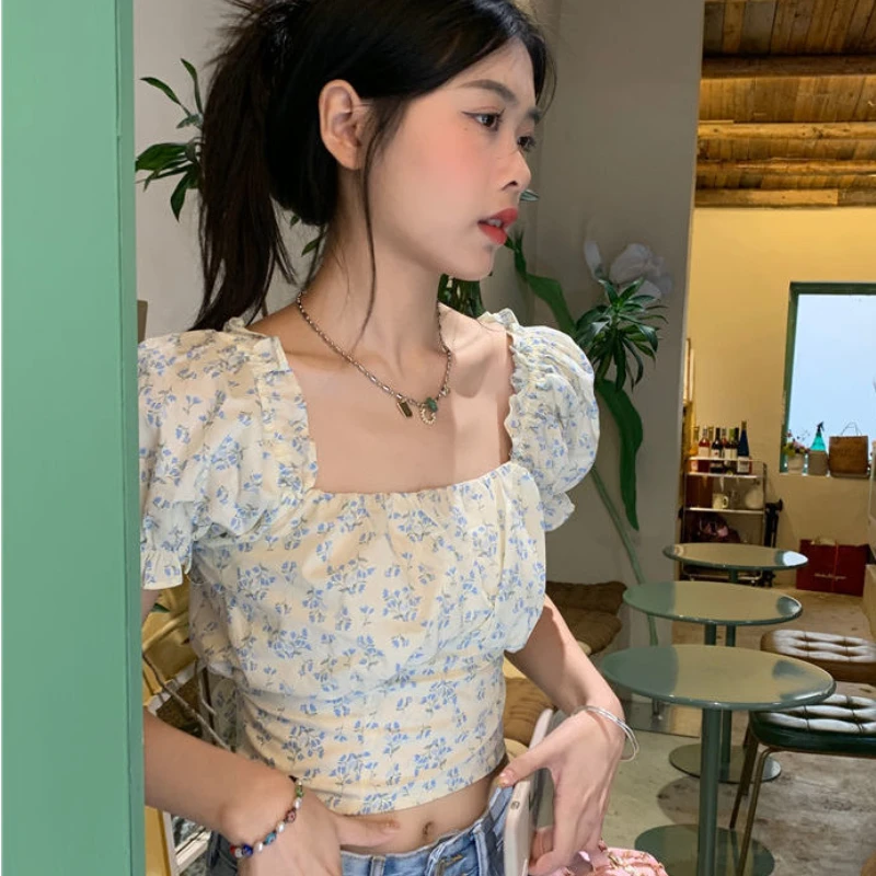 Blouses Women Puff Sleeve Fashion Casual Floral All-match Crop Tops Sweet Prairie Chic Thin Summer Ulzzang Tender Slim Simple