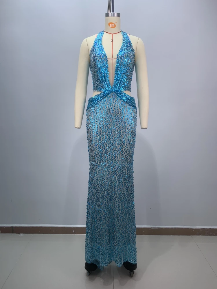 Sexy Sling Deep V-Neck Sequins Long Dress Women Blue Sleeveless Hollow Out Slim Maxi Dresses Evening Party Prom Gowns