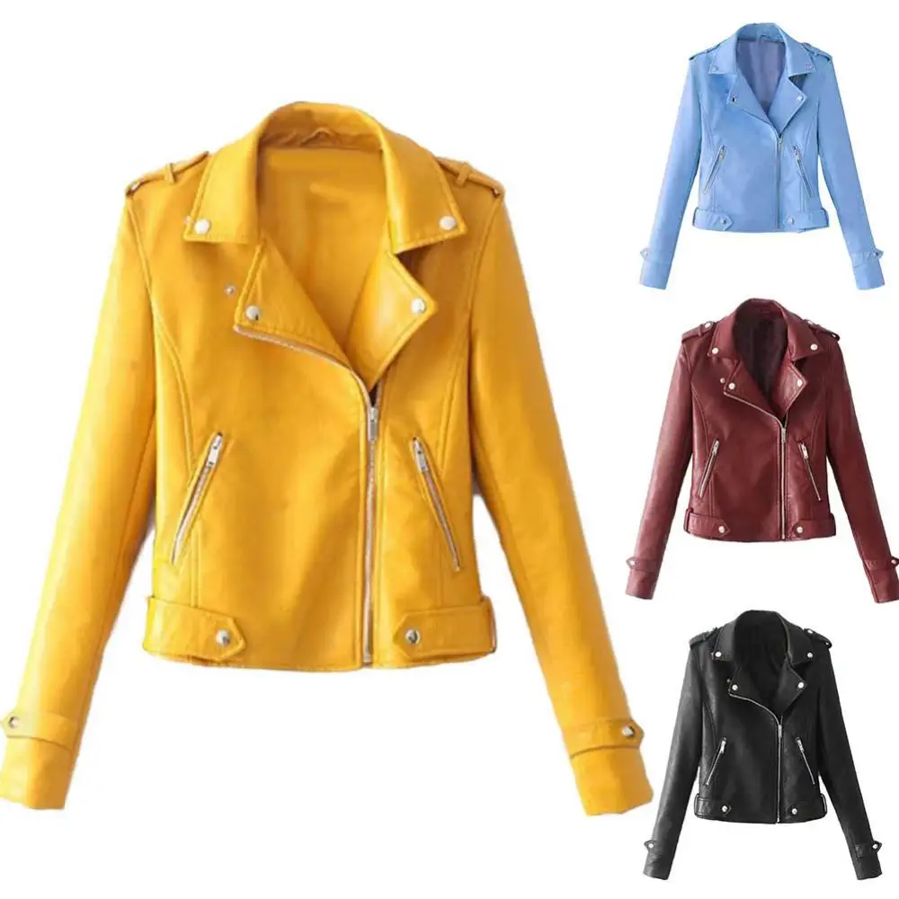 Kobiety jednolity kolor z długim rękawem wiosenny Top kurtka płaszcz 2023 Faux Leather motocykl Zip Up Women