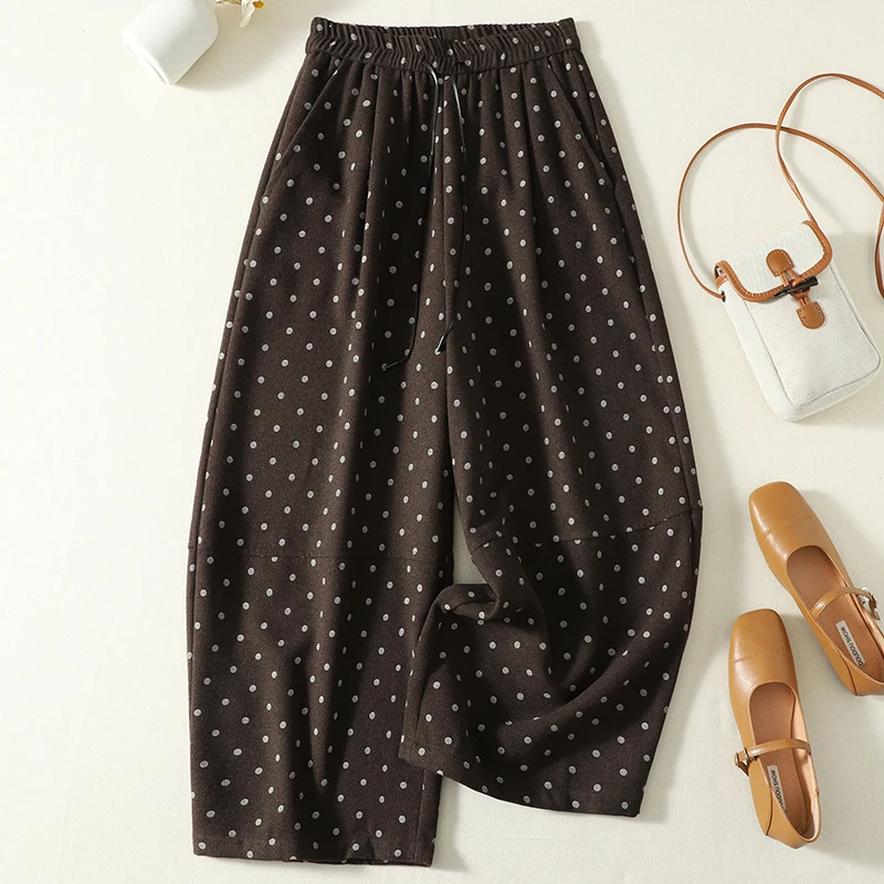 Elegant Polka Dot Woolen Pants Loose Casual Versatile Nine-Piece Knife Pants Super Beautiful Wide Leg Pants for Ladies