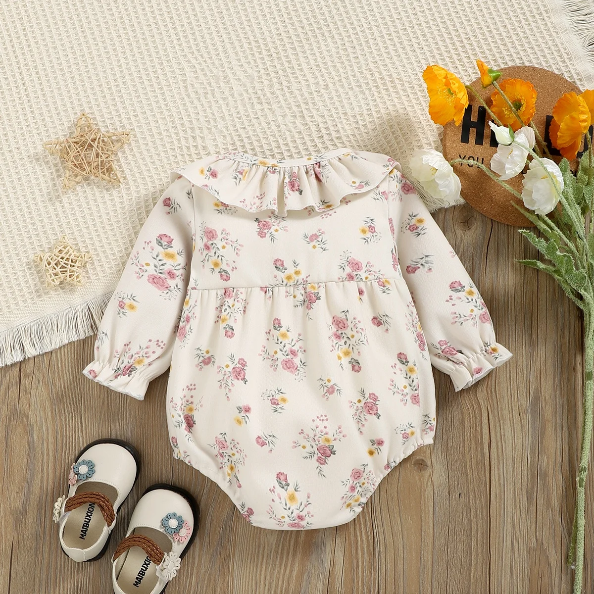 Girls Baby Floral Collar Long Sleeve Romper Casual Spring Autumn Seasonal Wear Triangle Blanket Design