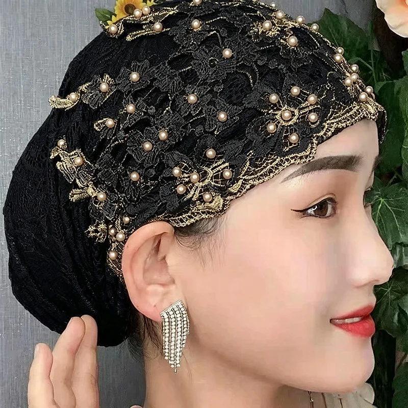 Lace Beading Turban Hat Muslim Women Headscarf Bonnet Ready to Wear Breathable Inner Hijabs Summer Female Headwrap Cap