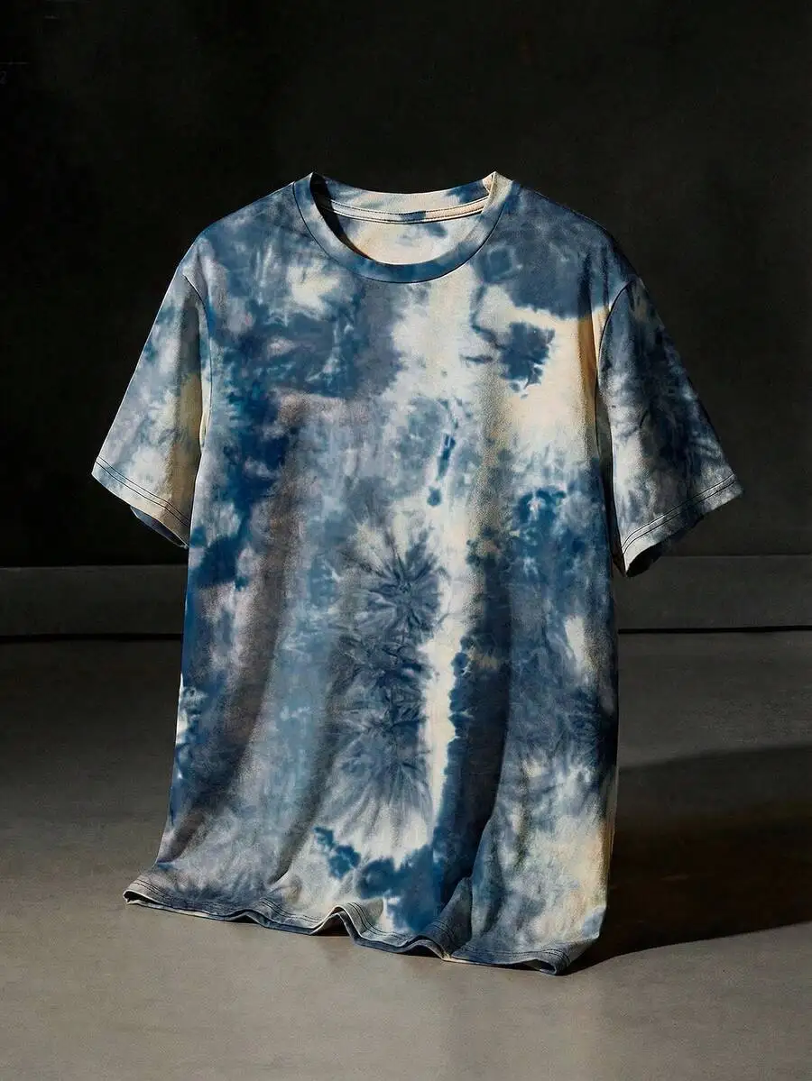 

Mens Loose Fit Short Sleeve Tee With Abstract Blue And White Tie-Dye Pattern