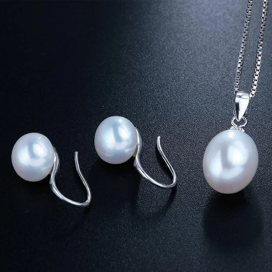 YWYC Rice Shape Natural Freshwater Pearl Jewelry Set for Women 45cm Pendant 925 Sterling Silver Earrings&Pendant