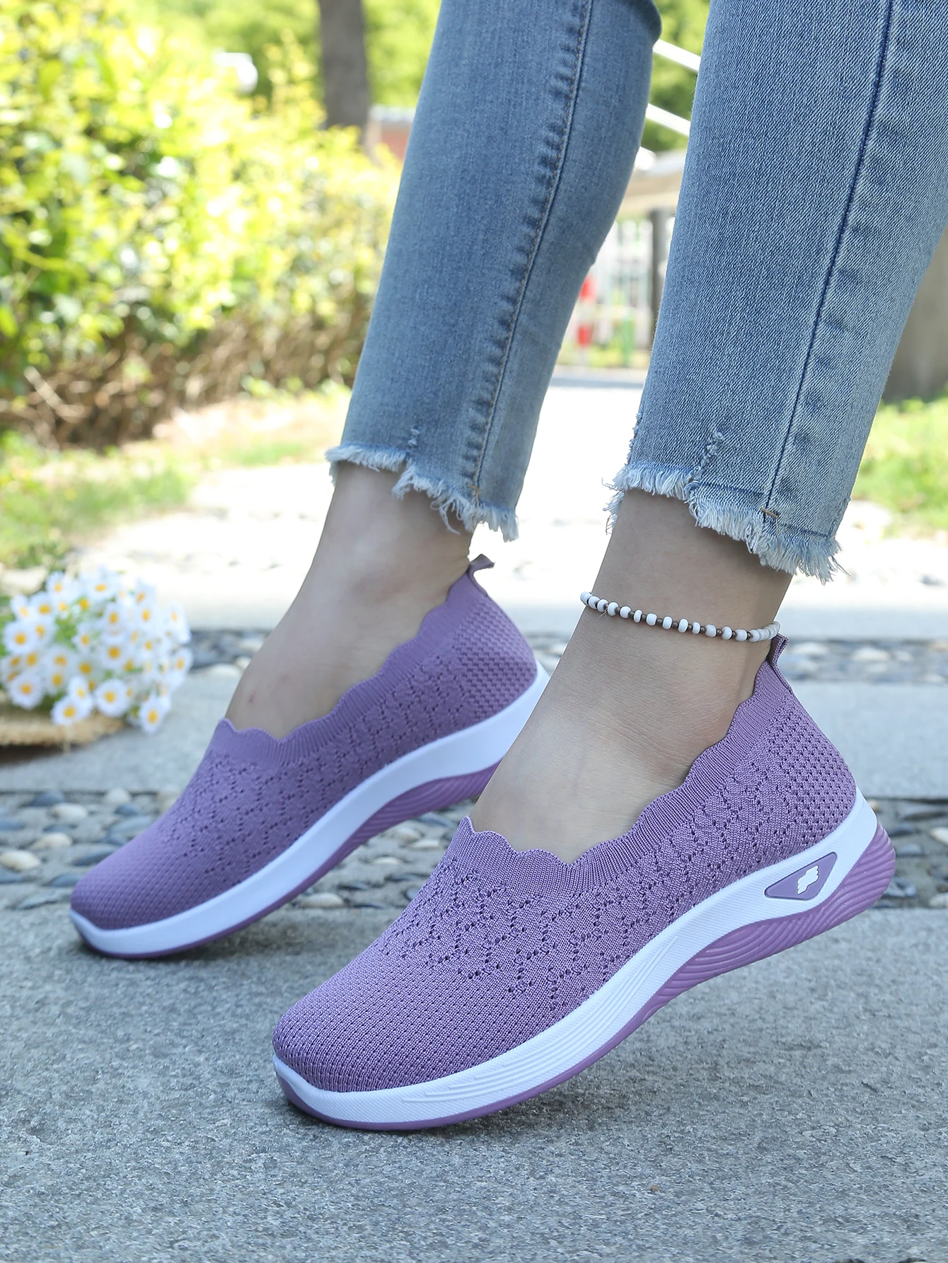 Damen-Slip-On-Freizeitsneaker aus Strick, atmungsaktive, leichte Komfort-Wanderschuhe mit Muschelbesatz, kostenloser Versand – Detail 3