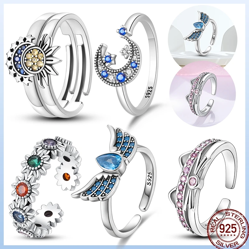 

925 Sterling Silver Open Ring Star Moon Wings Stackable Women's Original Wedding Ring Exquisite Jewelry Gift Anniversary