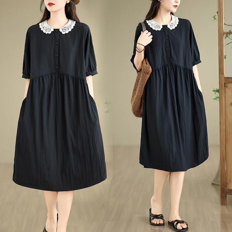 

plus Size Lace Collar Short Sleeve Dress Korean Style Japanese Style Belly Covering Slimming Midi Dress over Knee Length