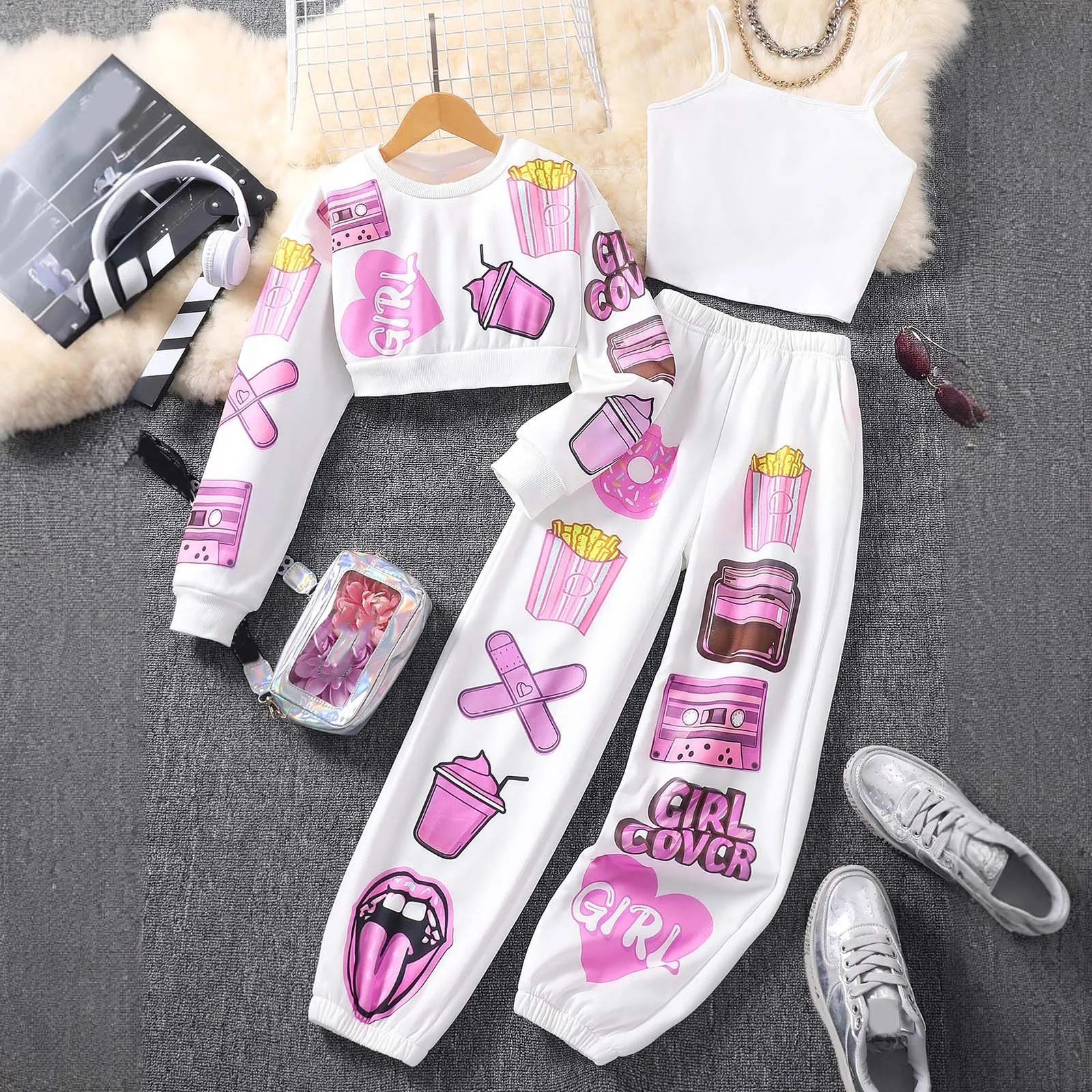 

Baby Girls New Pants Sets Fashionable And Comfortable Long Sleeved Cartoon Printed Coat Vest Trousers Suits Casual Clothes