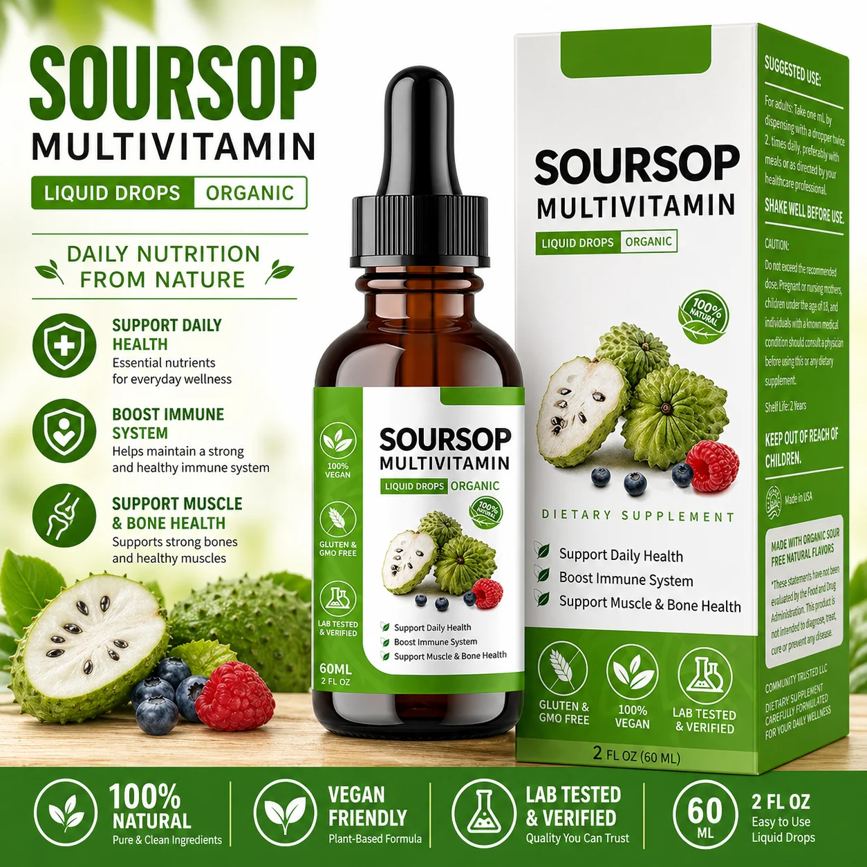 Soursop Liquid Drops Herbal Extract Plant Based Supplement with Soursop Fruit and Leaf Blend Daily Wellness Formula Vegan