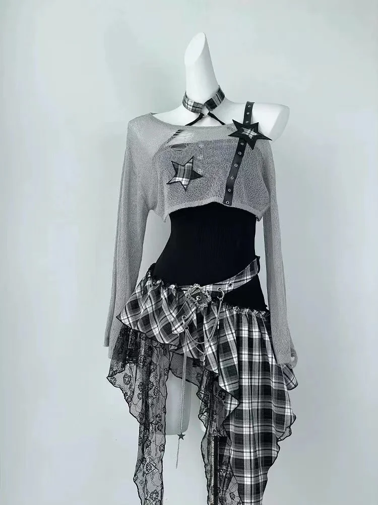Sommer Amerikanischen Retro Gothic 2-teiliges Set Frauen Y2k Schwarz Dünne Kurze Tops + Y2k Harajuku Design Unregelmäßige Kleid Heiße mädchen Kleidung