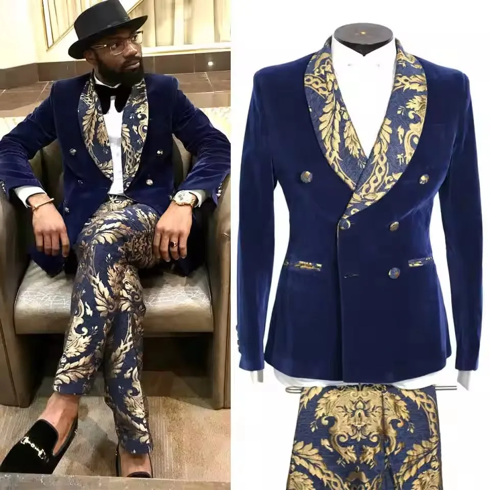 

Navy Blue Velvet Men Wedding Suits Floral Shawl Lapel Double Breasted Tuxedos Groom Party 2 Pcs Blazer Pants Customized Suit