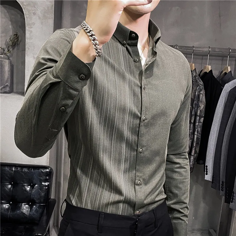 Men's Grey Stripe Shirt Long Sleeve Business Casual Slim Fit Iron-Free Korean Version Design Sensation Advanced Feeling
