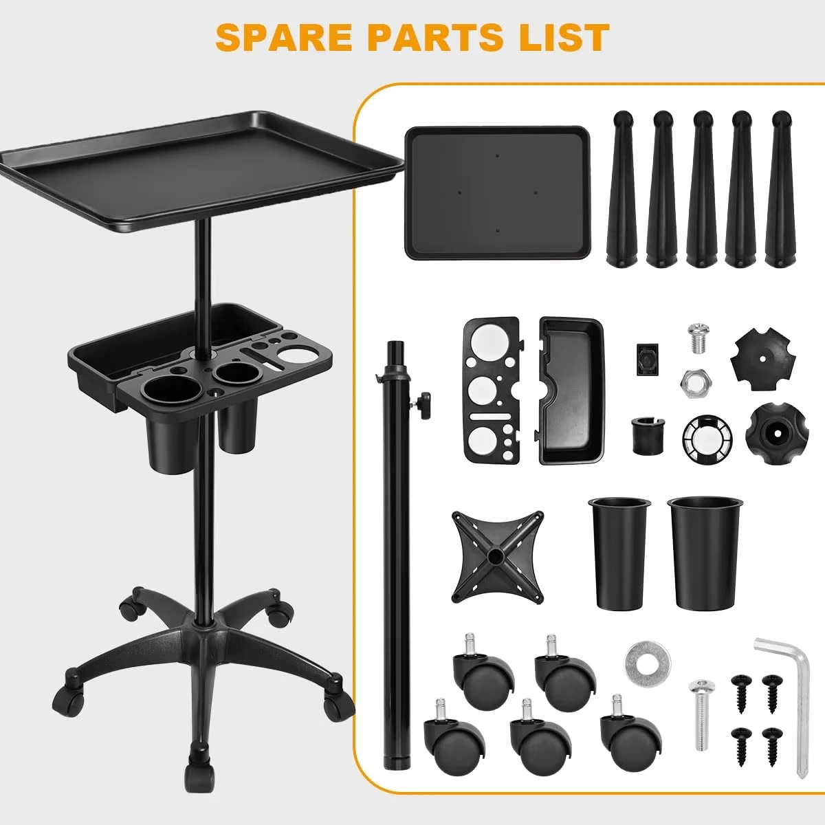 

Salon Tray Cart on Wheels Mobile Trolley with Extra Storage Adjustable Height for Hairstylist, Tattoo & Spa Professionals