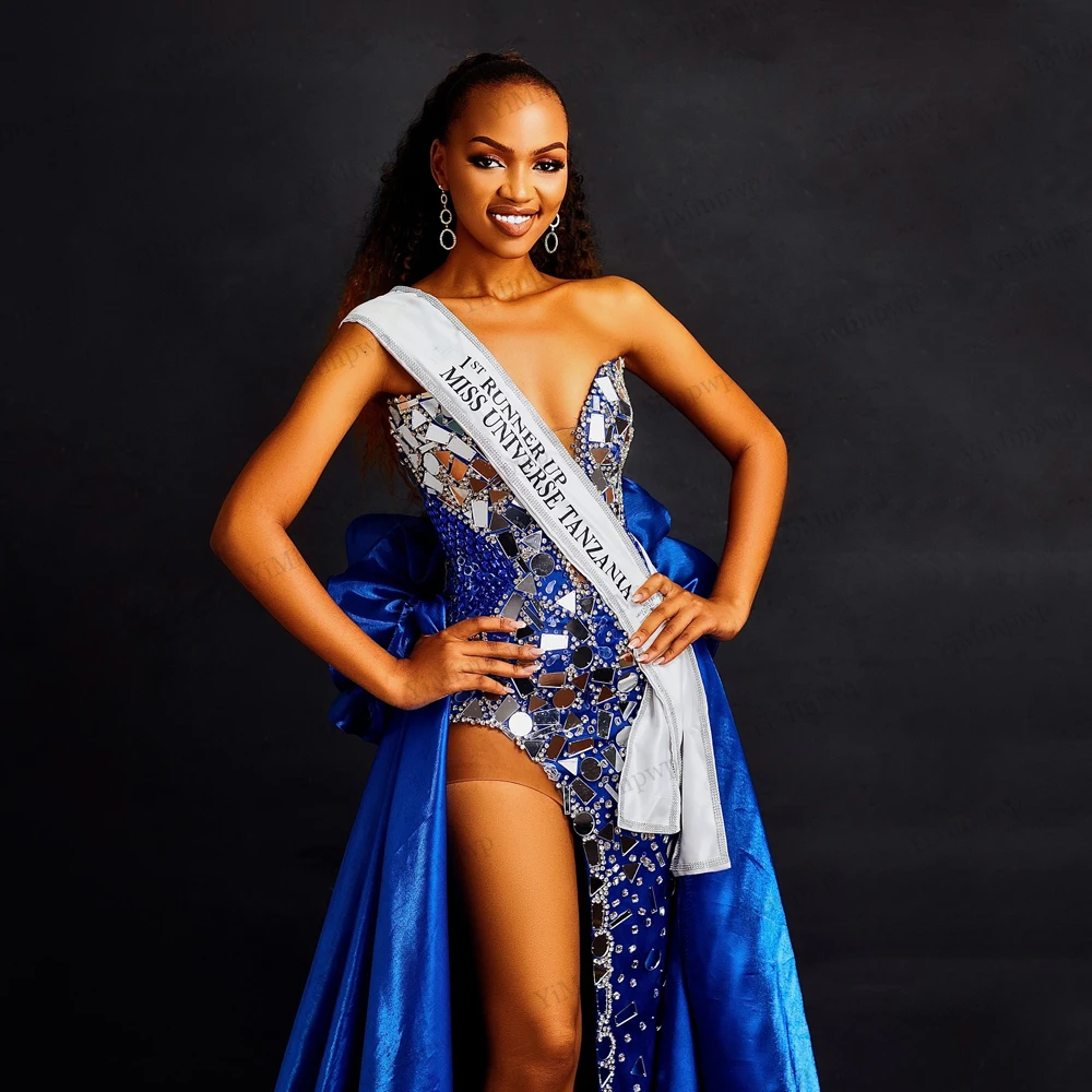 Afrika Zeemeermin Split Avondjurken V-hals Mouwloze Formele Avondjurk Bruiloft Jurk Afneembare Trein Aangepast