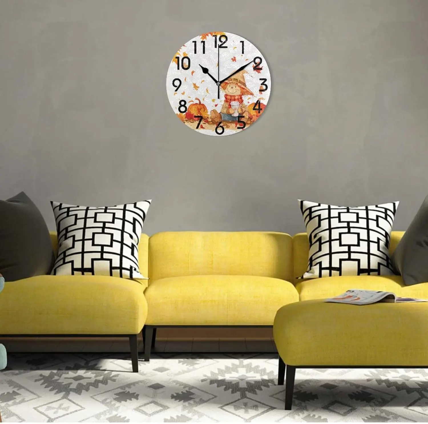 Fall Leaves Lovely Scarecrow Pumpkins 10 Inch Round Wall Clock, Large Battery Operated Analog Quiet Non Ticking Desk Clock