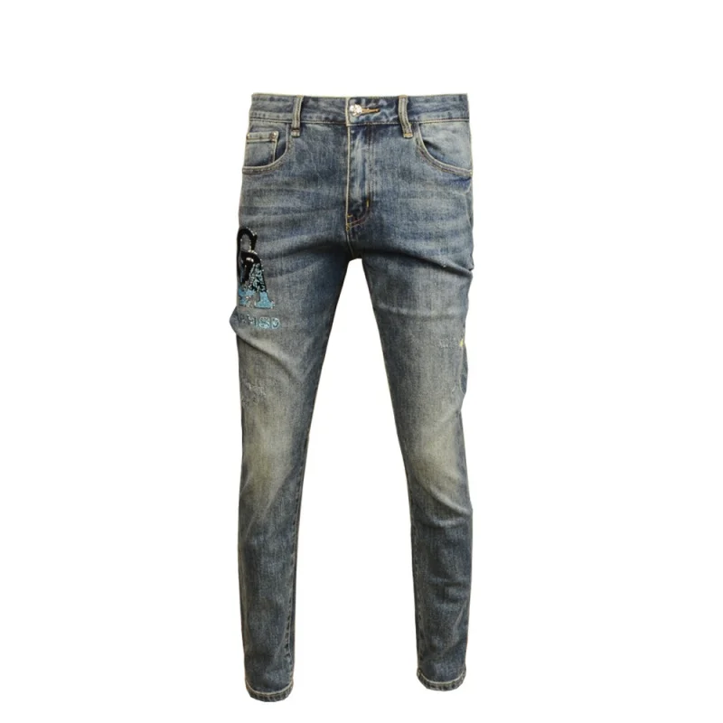 Retro Distressed Street Jeans Men's Slim Fit Skinny Stretch Fashion Printed Washed High-End Casual Quality Men's Pants