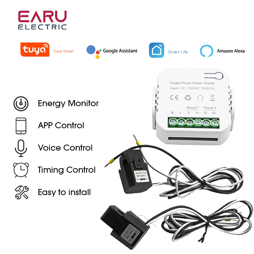 Tuya App Smart Two-way Bilateral WiFi Energy Meter 80-300A AC110V 220V with Clamp CT KWh Power Electricity Consumption Monitor