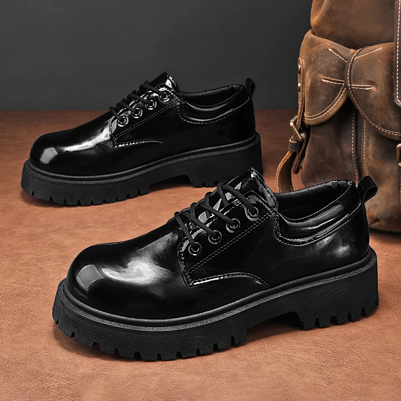 Men Glossy Leather Lace‑up Platform Shoes Non‑Slip Chunky Sole Casual Dress Footwear for Work Daily Wear