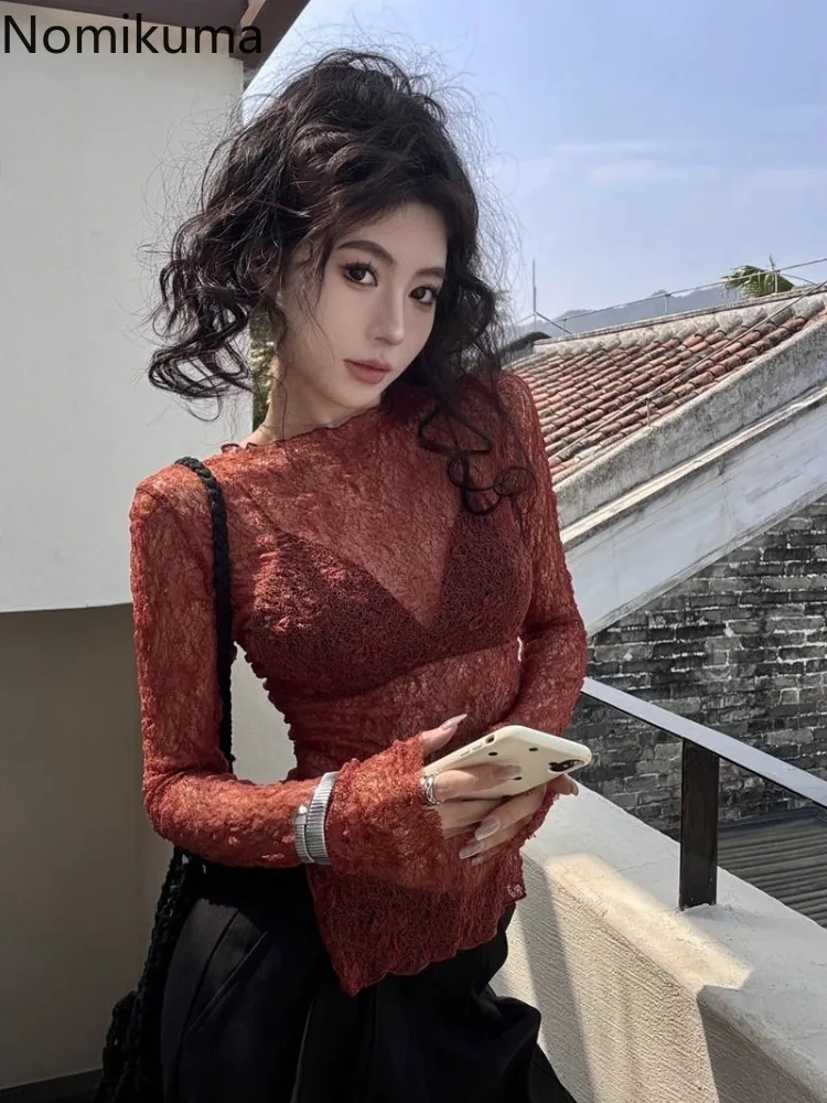 Lace Y2k Tops Sexy T Shirts for Women Long Sleeve O-neck Tunic Tees Fashion Korean Summer Camisetas See Through Crop Tshirts