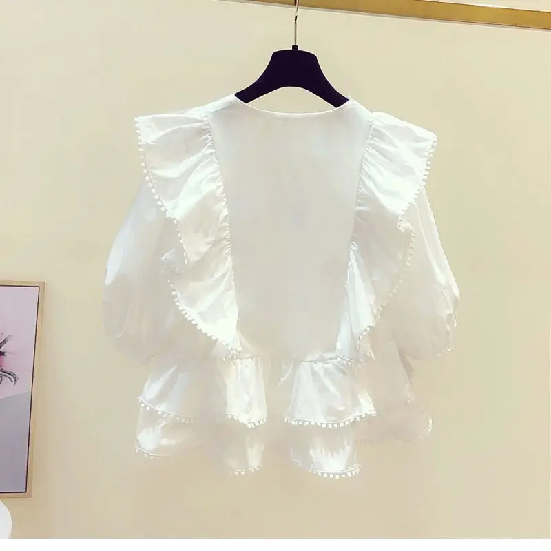 Women Stylish Ruffles Lace Patchwork Blouses Elegant Chic Sweet Slim Chiffon Shirts Female Casual White V Neck Short Sleeve Tops