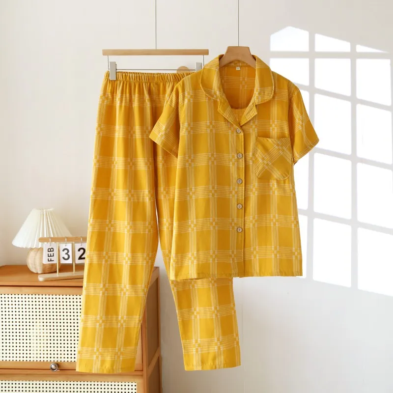 Summer Female Casual Cartoon Pajama Sets Girl 100% Cotton Sleepwear Suit Women Top Quality Short Sleeve Home Clothes 3