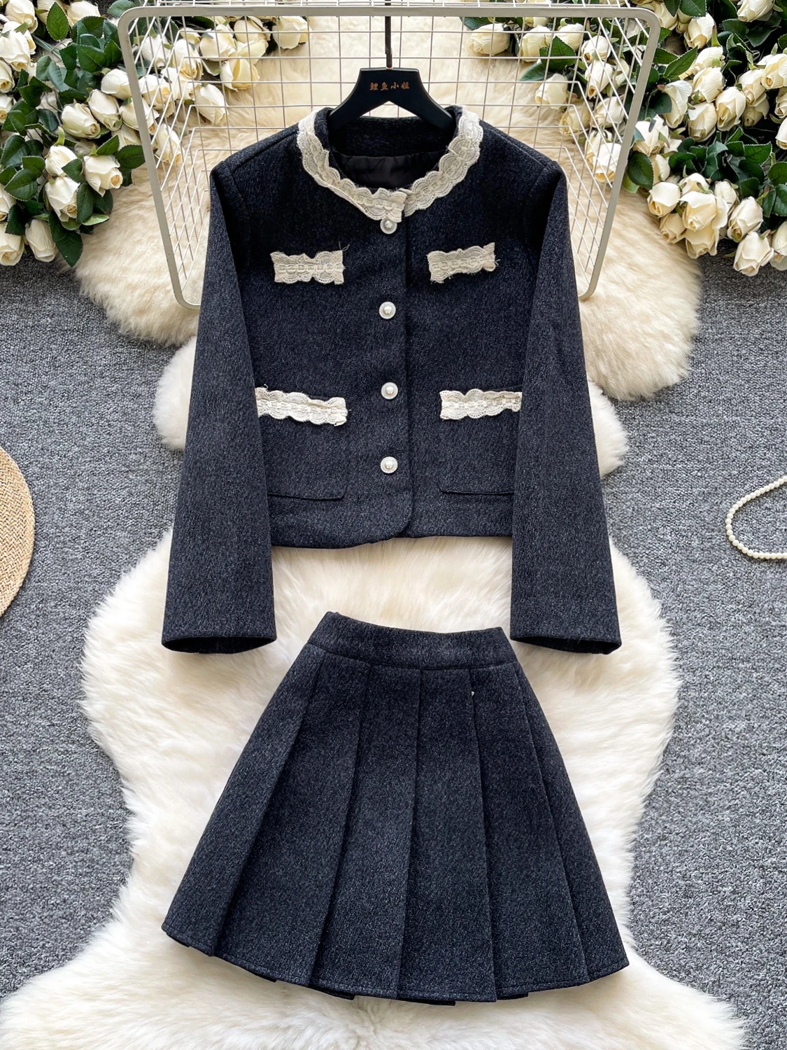 우아한 레이스 트림 긴팔 수트 재킷 하이웨이스트 플리츠 미니 스커트 가을 겨울 투피스 세트 프렌치 스타일 패션 앙상블