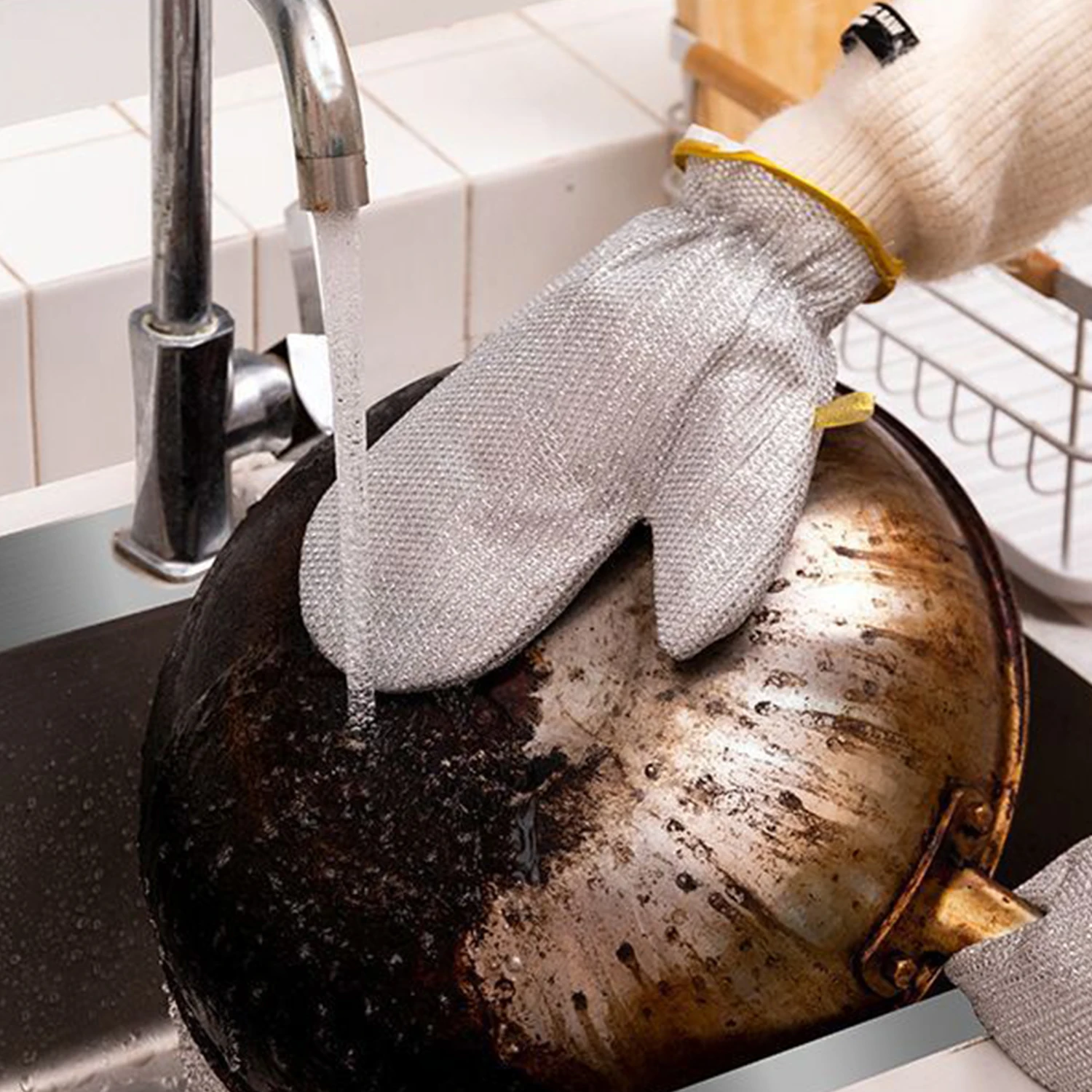 Housework Cleaning Gloves Steel Wire Ball Dishwashing Gloves Waterproof Brush Oil Bowl Artifact Household Cleaning Silver Glove