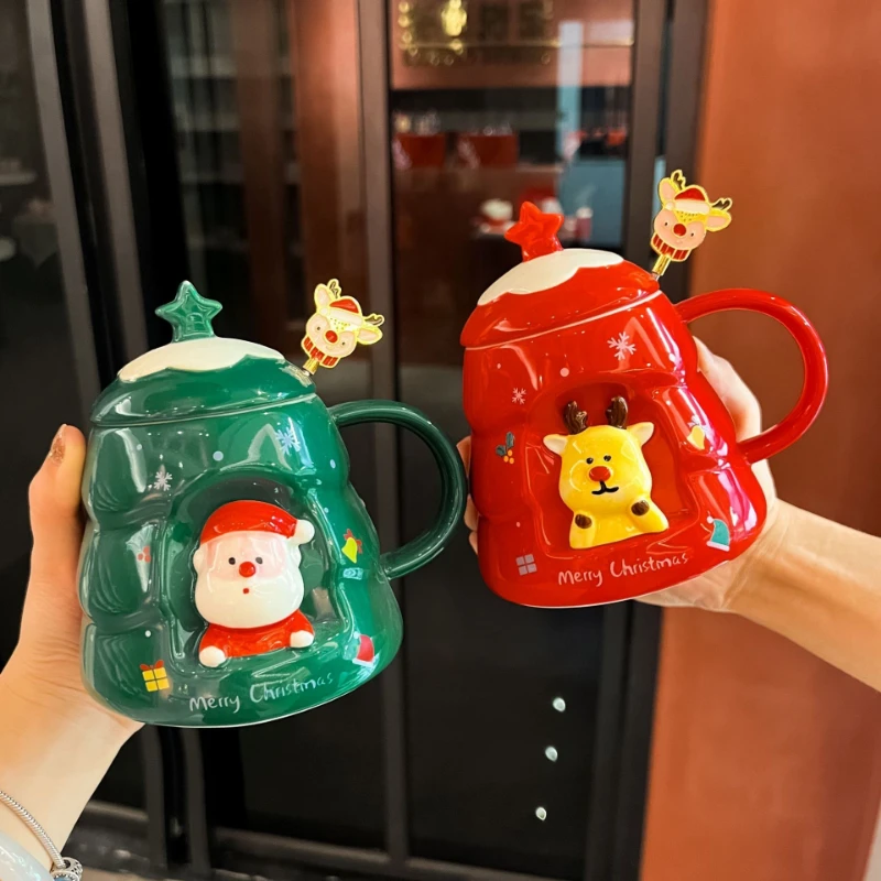 

Creative Santa Claus and Elk Shaped Ceramic Mugs Coffee Cups with Lids Office Afternoon Tea Cup Christmas Gift Birthday Gifts