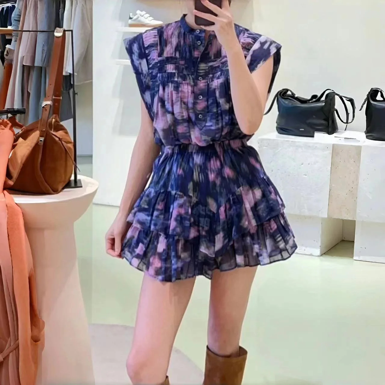 

Spring Purple Print Blouse Elastic Waist Skirt Pants Set Dyeing Effect Commute Style Loose Fit Cotton round Neck Button Closure