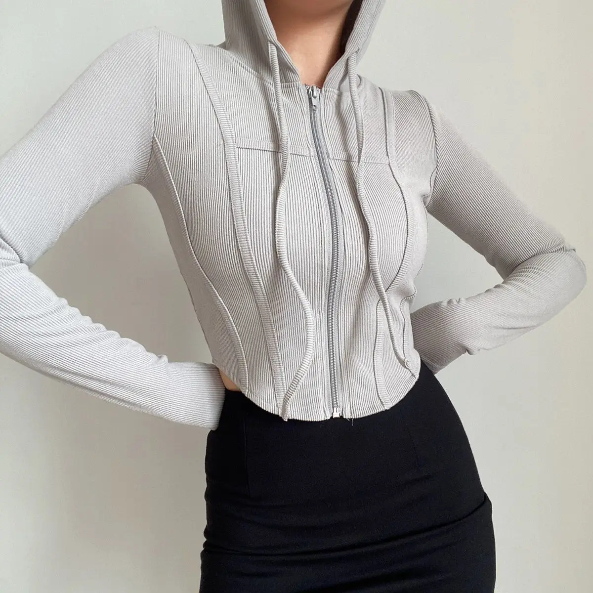 Thin Hooded Cardigan Women Korean Vintage Slim Summer Solid Sports Jacket Vertical Pit Stripe Zipper Female Sexy Cropped Tops