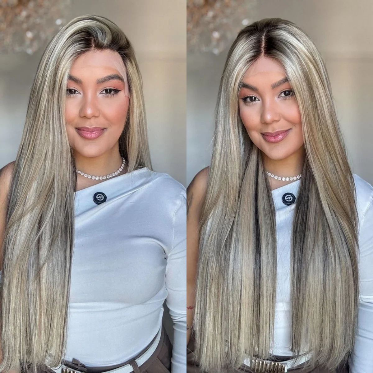 سهلة الصيانة أومبير الرماد شقراء HD غير مرئية الدانتيل الجبهة شعر مستعار اصطناعي مع جذور داكنة للنساء شعر مستعار طويل طبيعي مستقيم