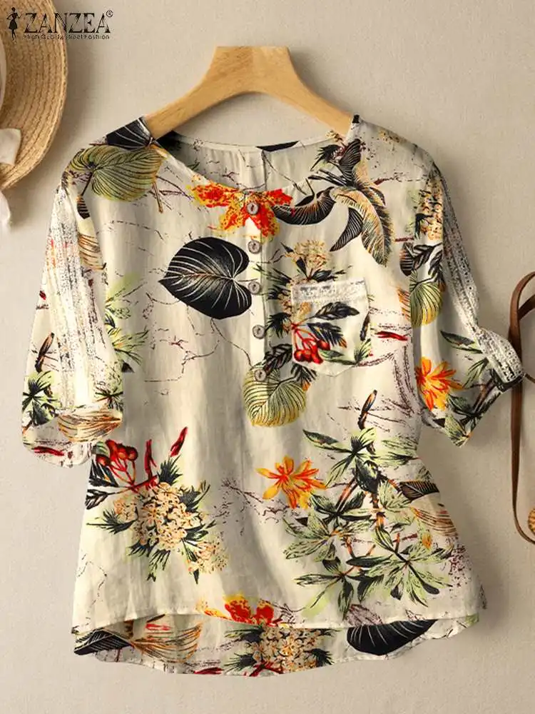 Summer O Neck Half Sleeve Floral Printed Blouse ZANZEA Women Vintage Casual Tops Tunic Bohemian Holiday Blusas Oversize Shirt