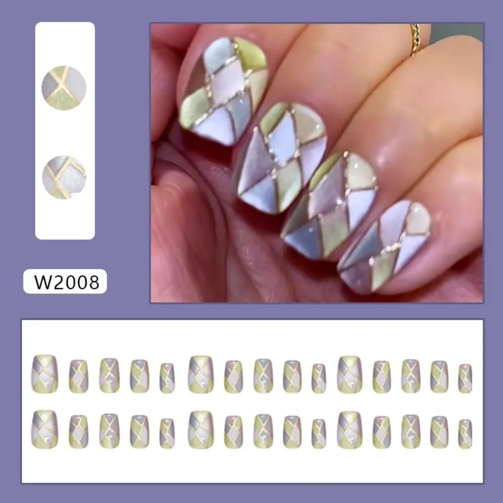 

30pcs New Short Ballerina False Nails Color-blocking Checkered Pattern Fake Nails Detachable Cat Eye Nail Tips DIY