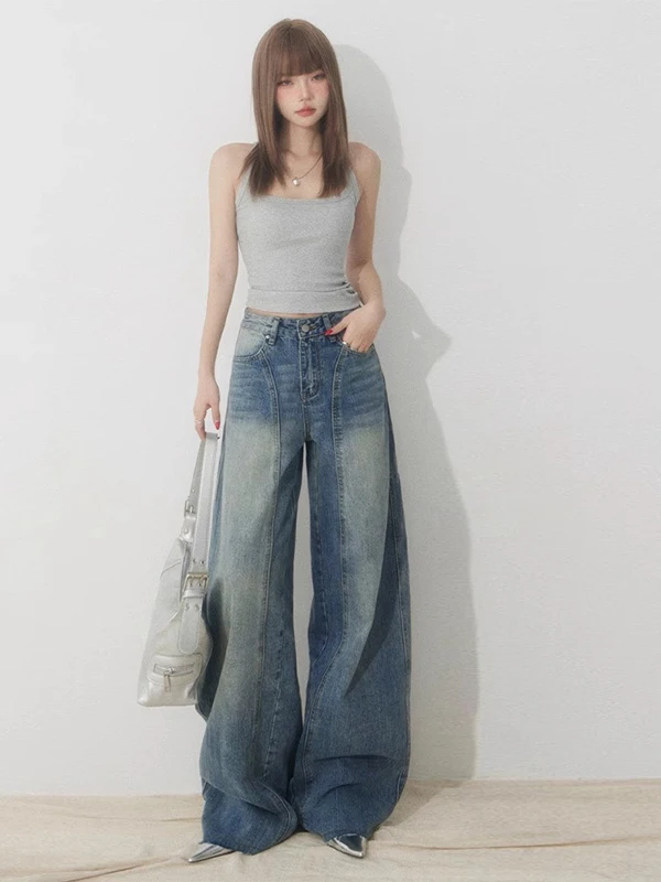 

High Waist Wide Leg American Vintage Washed Women's Jeans Loose Straight Scythe Pants plus Size Ladies Casual Spring Autumn