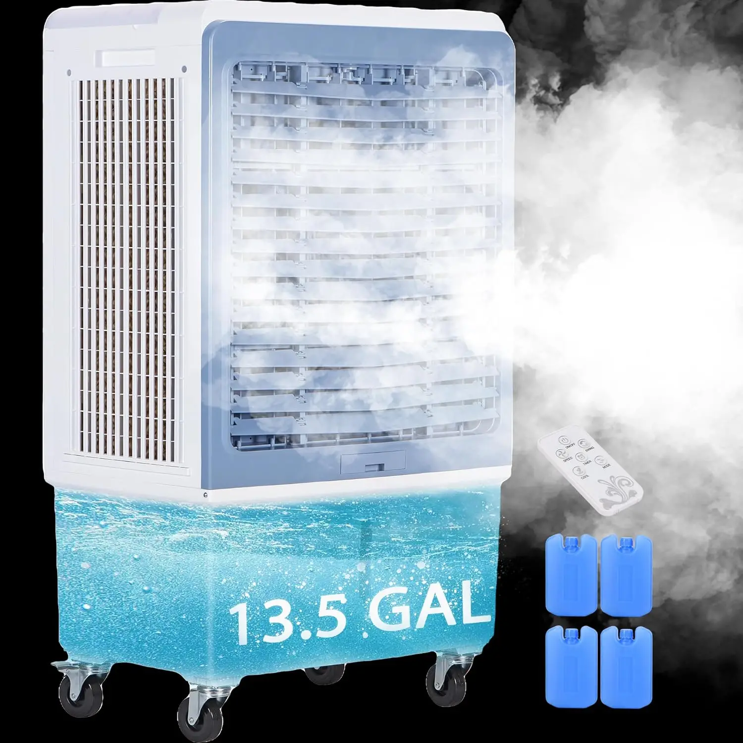 

6000CFM Large Swamp Cooler with 13.5-Gal Water Tank,3-IN-1 Evaporative Air Cooler with Remote Control,4 Ice Packs,12H Timer
