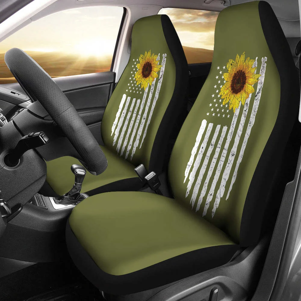 Army Green With Distressed American Flag and Sunflower Car Seat Covers,Pack of 2 Universal Front Seat Protective Cover