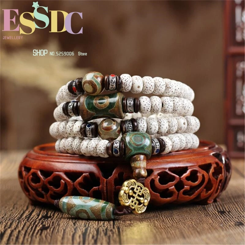 Tibetan Dry Grinding Natural White Star Moon Bodhi Seed 108 Mala Prayer Bracelet Third Eye Stone Charm Buddhist Jewelry Dropship