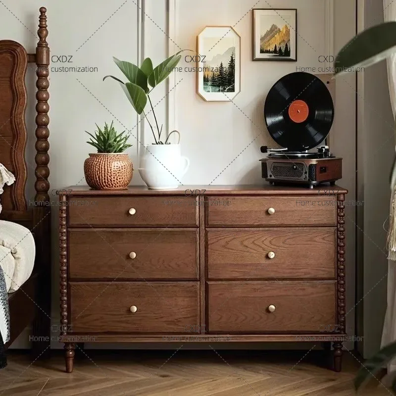 Medieval Style Solid Wood Six Drawer Chest Bedside Cabinet Bedroom Storage Dresser Integrated Nightstand Furniture